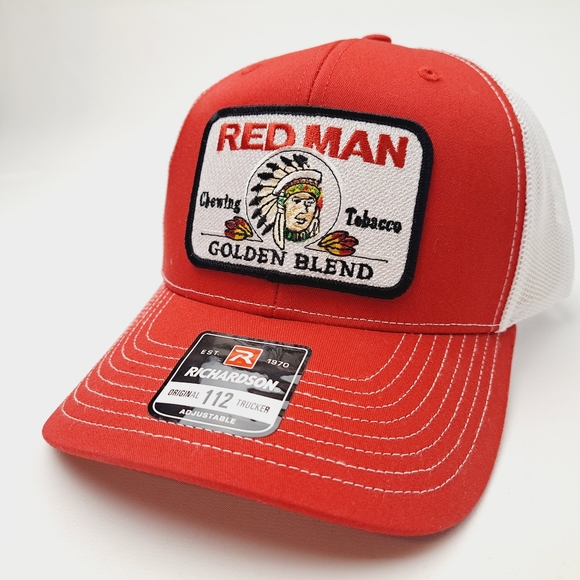 Richardson 112 Red Man Embroidered Patch Mesh Snapback Hat Cap Red White - Picture 1 of 4